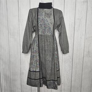 VTG 70s Phool Plaid Floral Embroidered India Rayon Prairie Dress, sz Small